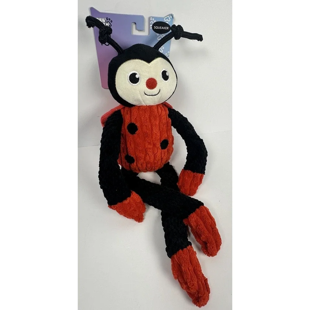 Ladybug Dog Toy Plush Squeaky Pet Toy Red Black Long Legs Cute Bug